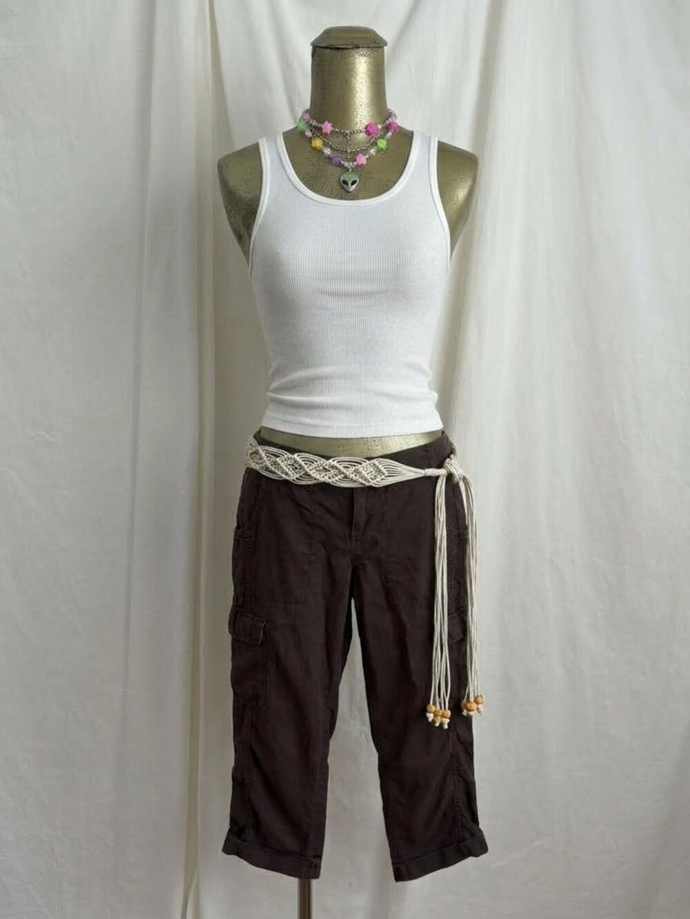 Y2K Old Navy Brown Linen Capri Cargo Pants Low Rise Size 6 Utility Boho Vintage